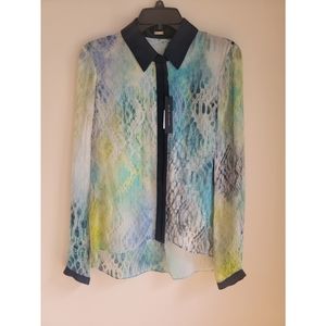Elie Tahari blue and white silk long sleeved 'Chelsea' watercolor sheer blouse